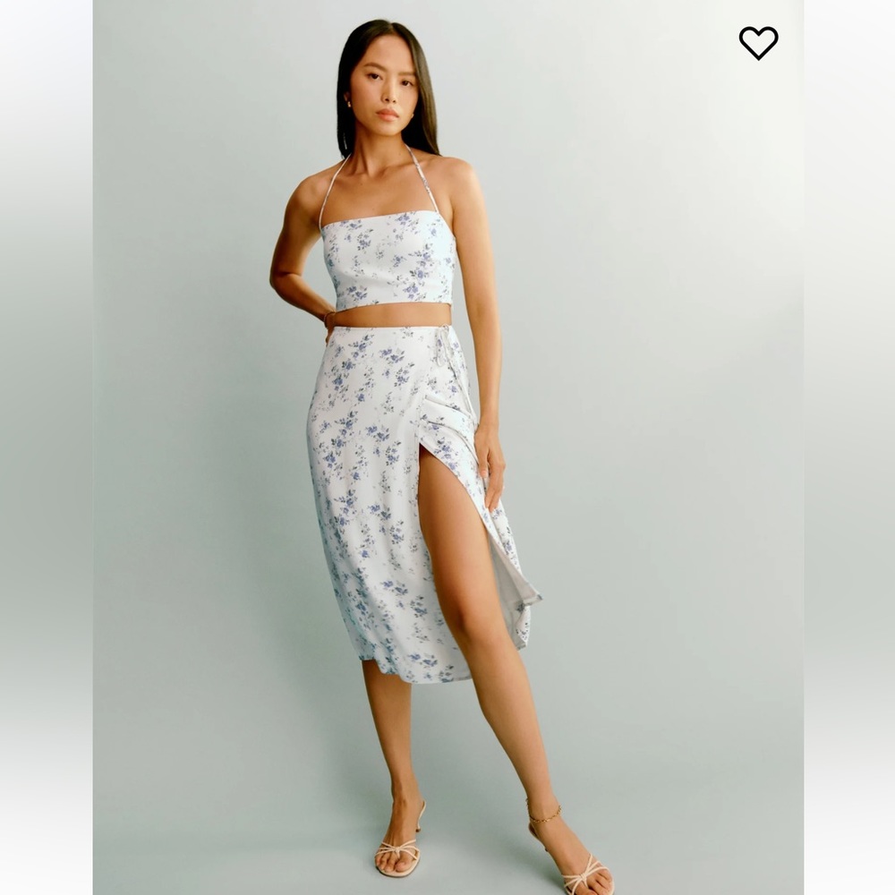 NWT Reformation Voyage Two Piece Dress Floral White and Blue